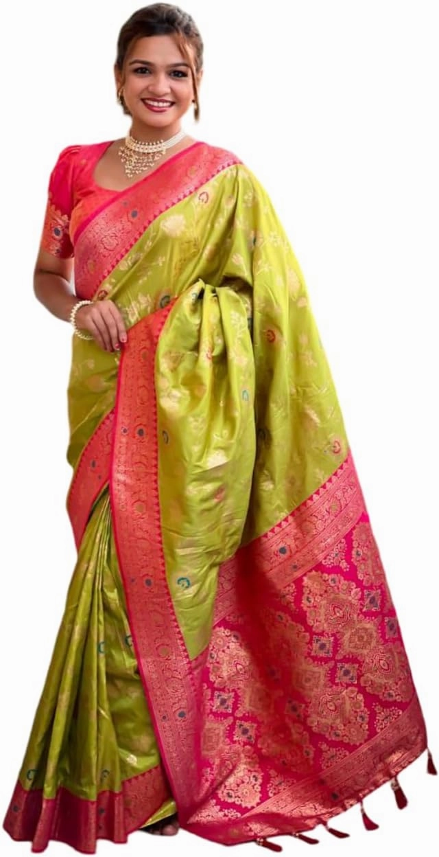 Women's Pure Lichi Silk Indian Wedding Wear kanjeevaram Saree with UnStitched Blouse Piece