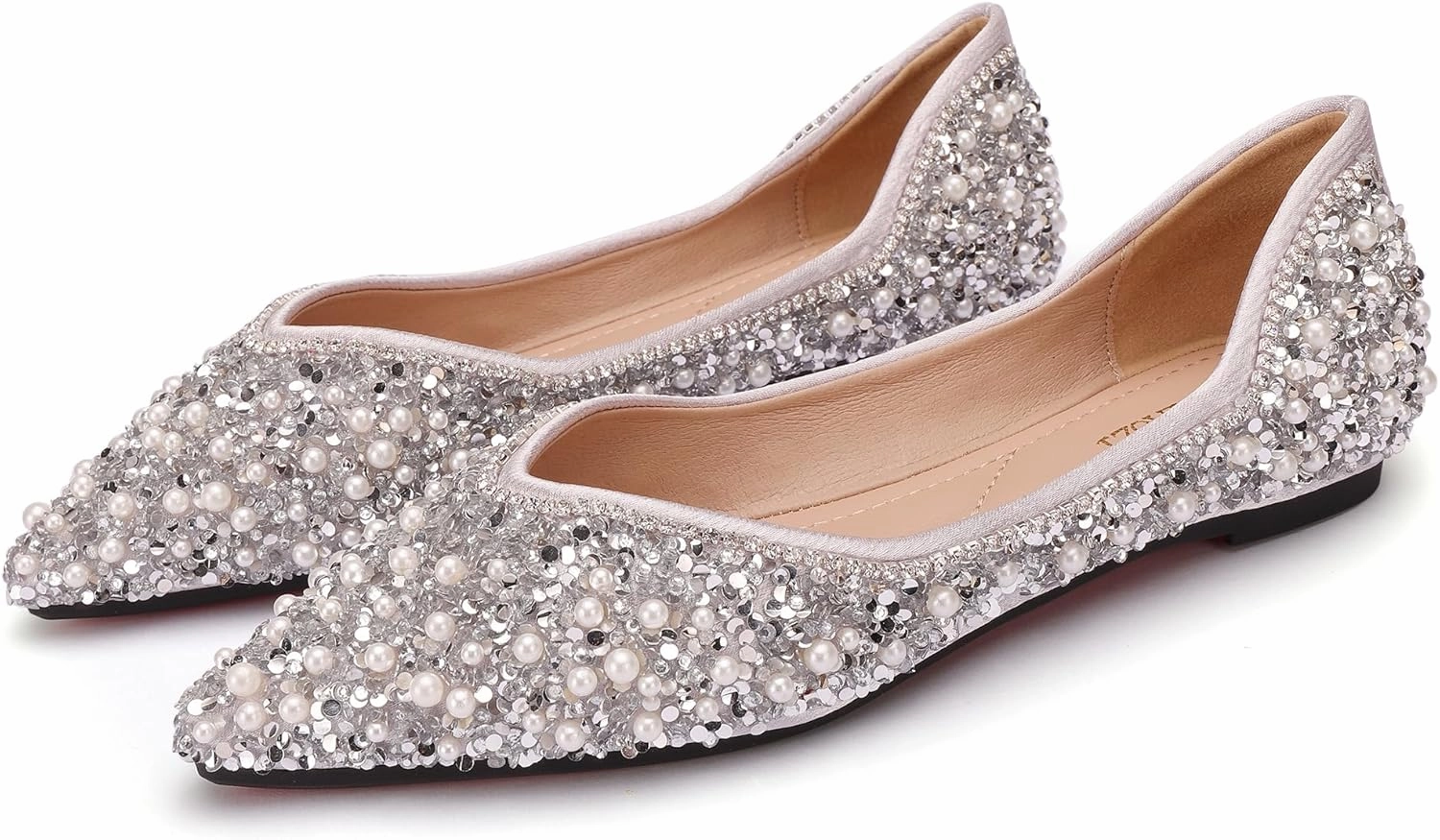 Women's Rhinestone Flats Fashion Pointed Toe Pearl Diamond Low Heel Dress Wedding Flats Work Business Dance Ballet Flats