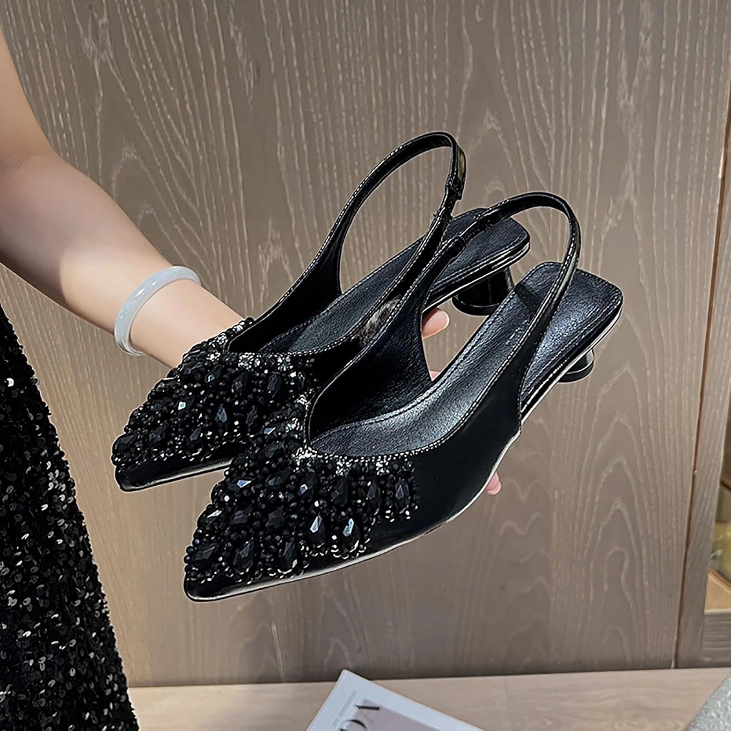 Women's Rhinestone Kitten Heel Slingback Sandals,Comfort Pointed Toe Slip On Block Heels Closed Toe Wedding Dress Pumps Shoes