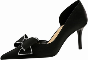 Women's Silk Rhinestone Bow Stiletto Dress Pumps Closed Pointed Toe Slip-On Mid Heel Business Office Formal Shoes Grace Party Wedding Bridal Shoes