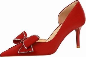 Women's Silk Rhinestone Bow Stiletto Dress Pumps Closed Pointed Toe Slip-On Mid Heel Business Office Formal Shoes Grace Party Wedding Bridal Shoes