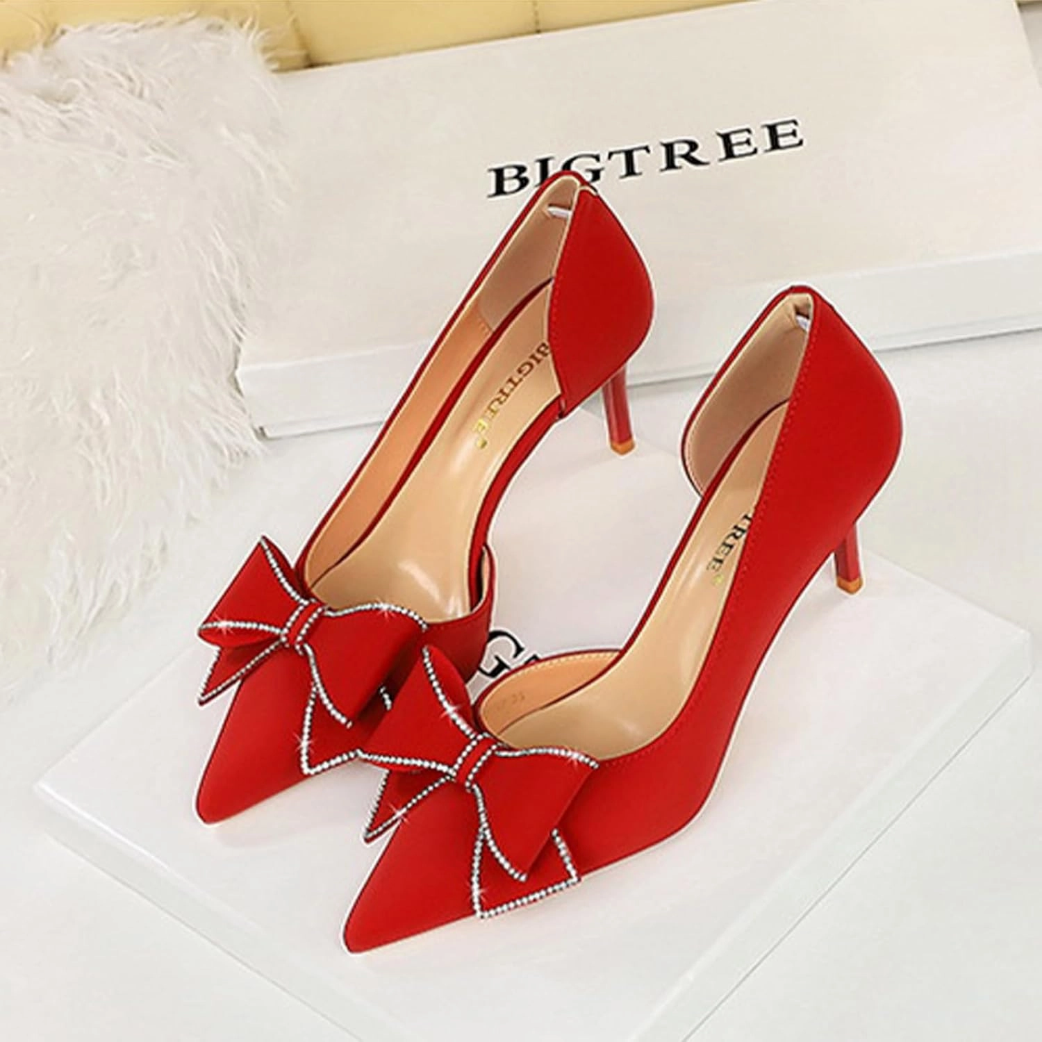 Women's Silk Rhinestone Bow Stiletto Dress Pumps Closed Pointed Toe Slip-On Mid Heel Business Office Formal Shoes Grace Party Wedding Bridal Shoes