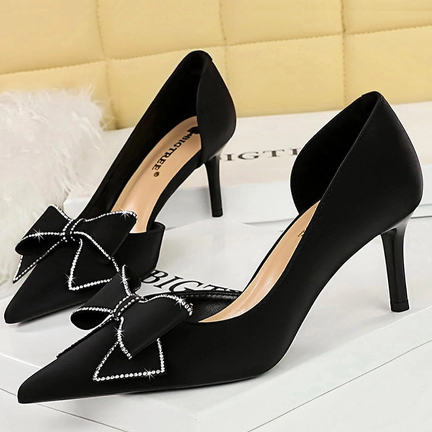 Women's Silk Rhinestone Bow Stiletto Dress Pumps Closed Pointed Toe Slip-On Mid Heel Business Office Formal Shoes Grace Party Wedding Bridal Shoes