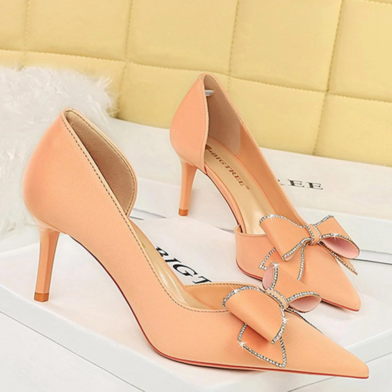 Women's Silk Rhinestone Bow Stiletto Dress Pumps Closed Pointed Toe Slip-On Mid Heel Business Office Formal Shoes Grace Party Wedding Bridal Shoes