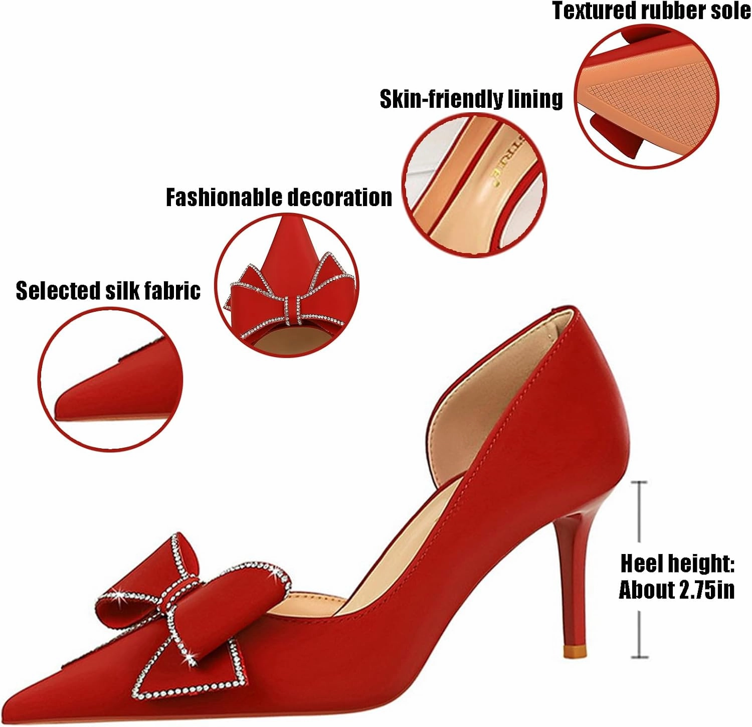 Women's Silk Rhinestone Bow Stiletto Dress Pumps Closed Pointed Toe Slip-On Mid Heel Business Office Formal Shoes Grace Party Wedding Bridal Shoes