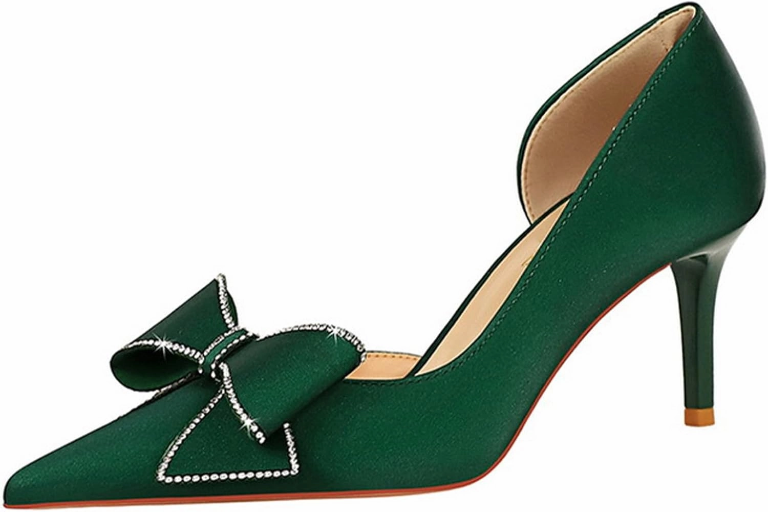 Women's Silk Rhinestone Bow Stiletto Dress Pumps Closed Pointed Toe Slip-On Mid Heel Business Office Formal Shoes Grace Party Wedding Bridal Shoes