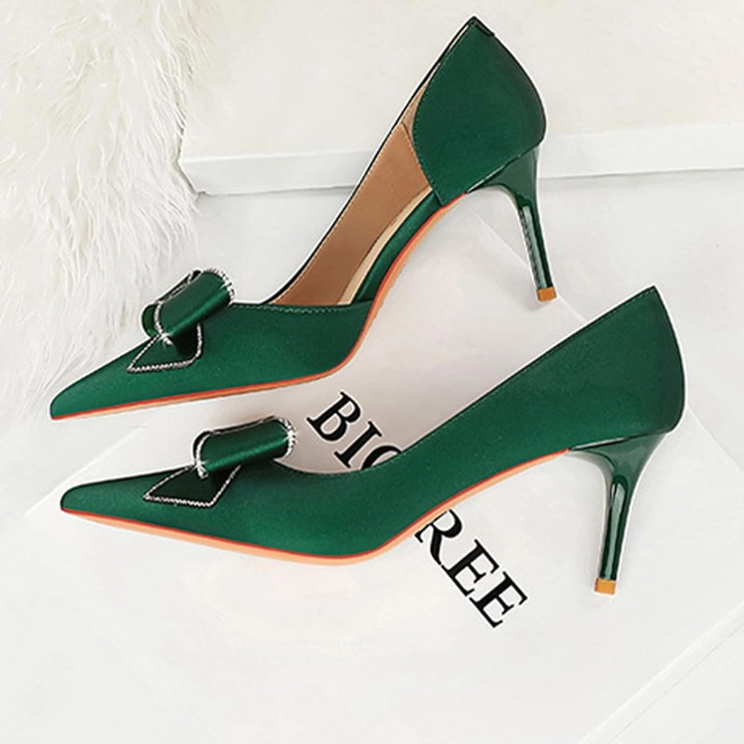 Women's Silk Rhinestone Bow Stiletto Dress Pumps Closed Pointed Toe Slip-On Mid Heel Business Office Formal Shoes Grace Party Wedding Bridal Shoes
