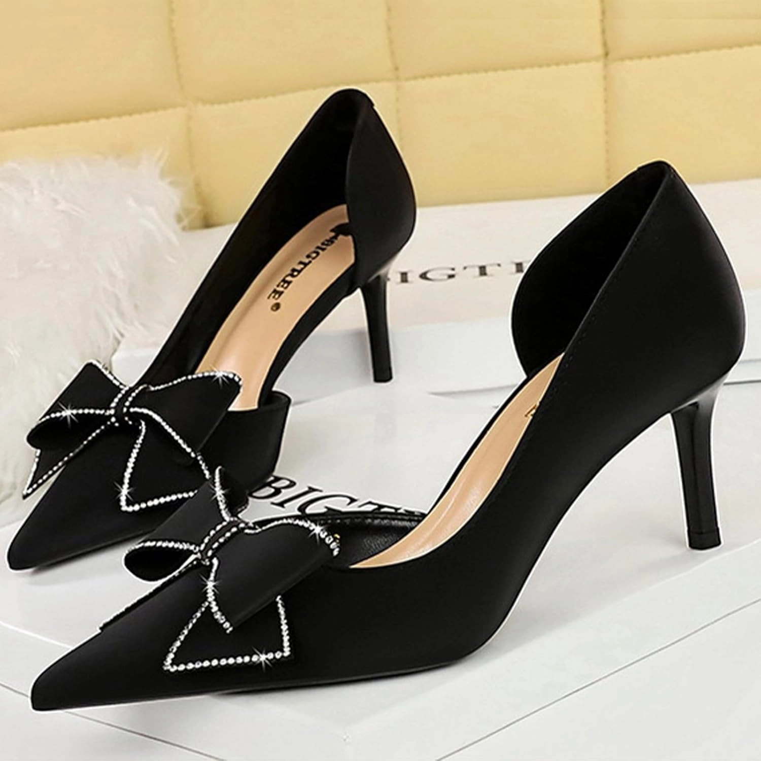 Women's Silk Rhinestone Bow Stiletto Dress Pumps Closed Pointed Toe Slip-On Mid Heel Business Office Formal Shoes Grace Party Wedding Bridal Shoes
