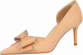 Women's Silk Rhinestone Bow Stiletto Dress Pumps Closed Pointed Toe Slip-On Mid Heel Business Office Formal Shoes Grace Party Wedding Bridal Shoes