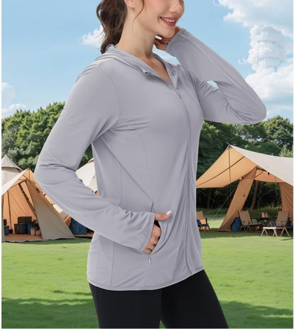 Women's UPF50  Sun Protection Shirts, SPF Jacket UV Zip Up Hoodie, Long Sleeve Summer Ice Silk Outdoor with Pockets