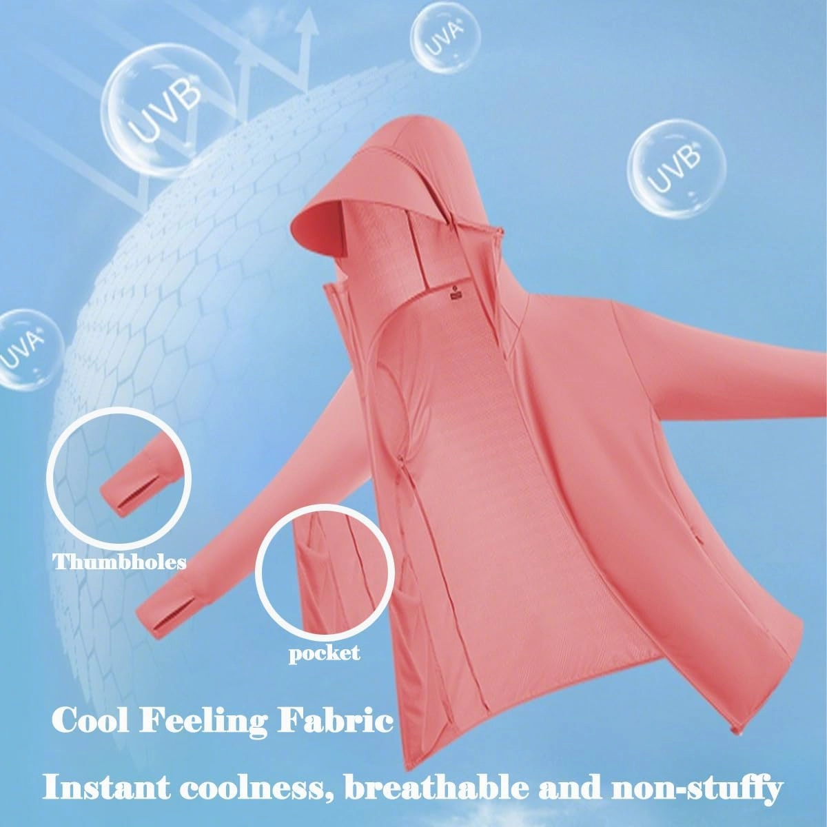 Women's UV SPF Long Sleeve Zipper Hoodie Brim Jacket, UPF 50  Full Zip Lightweight Summer Sun Shirt With Inner Pockets