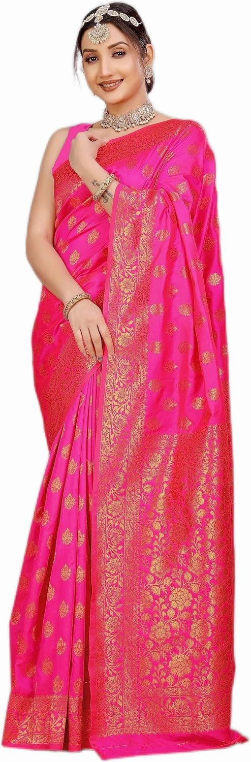 Women Sarees Kanchipuram Pure Silk Handloom Ethnic Indian Gift Traditional Wedding Saree with Unstitched Blouse(Pink)