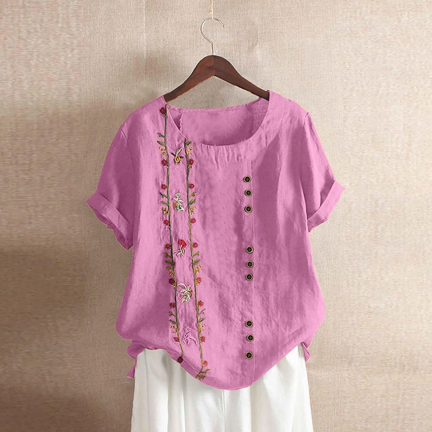 Women Short Sleeve Linen Shirts Floral Print Cotton Blouses Dressy Causal Tunic Tops Trendy Summer Causal Outfits