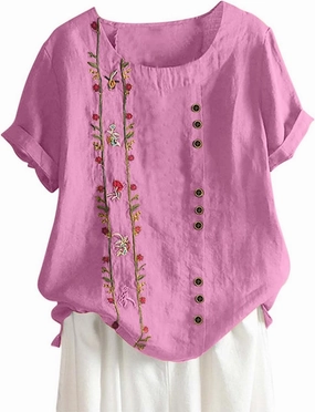 Women Short Sleeve Linen Shirts Floral Print Cotton Blouses Dressy Causal Tunic Tops Trendy Summer Causal Outfits