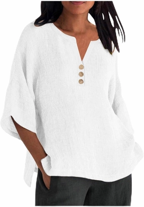 Women Summer Causal Linen Tops 2024 Trendy Gauze Tunic Blouse 3/4 Sleeve Button V Neck Shirt Loose Fit Boho Clothing