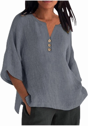 Women Summer Causal Linen Tops 2024 Trendy Gauze Tunic Blouse 3/4 Sleeve Button V Neck Shirt Loose Fit Boho Clothing