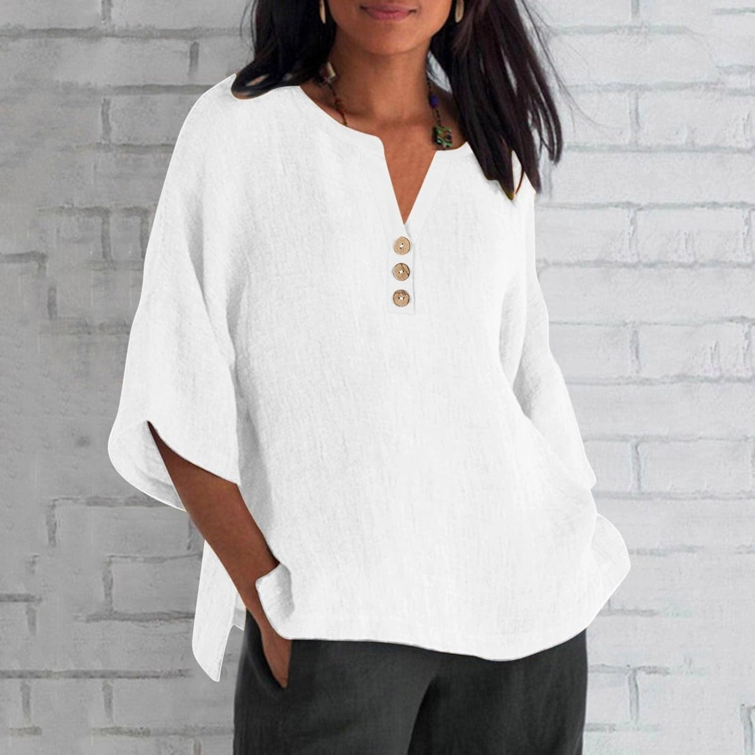 Women Summer Causal Linen Tops 2024 Trendy Gauze Tunic Blouse 3/4 Sleeve Button V Neck Shirt Loose Fit Boho Clothing