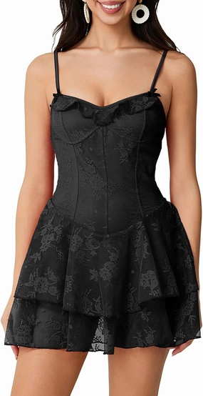Women Y2K Spaghetti Strap Lace Bustier Mini Dress Sexy Sleeveless Ruched Split Bodycon Party Night Out Dress