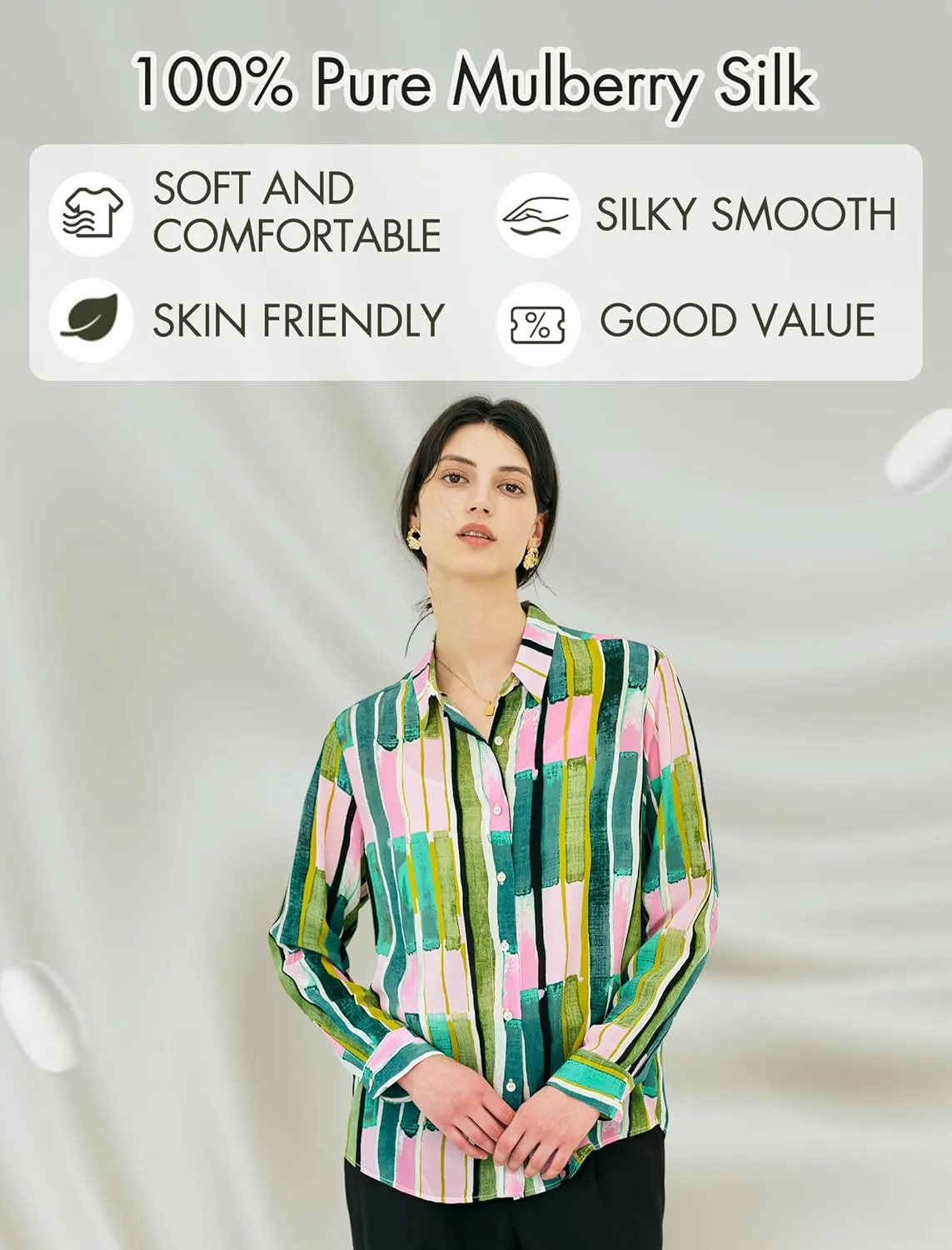 Women's 100% Pure Silk Blouse Long Sleeve Button Down Shirt Spring Summer Elegant Floral Striped Tops Women Smooth Blouses