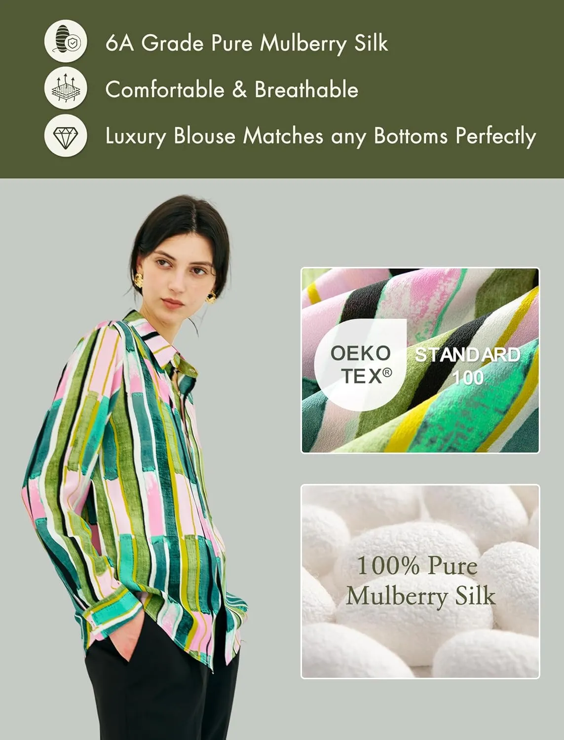 Women's 100% Pure Silk Blouse Long Sleeve Button Down Shirt Spring Summer Elegant Floral Striped Tops Women Smooth Blouses