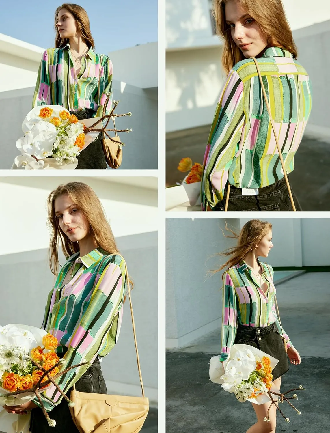 Women's 100% Pure Silk Blouse Long Sleeve Button Down Shirt Spring Summer Elegant Floral Striped Tops Women Smooth Blouses