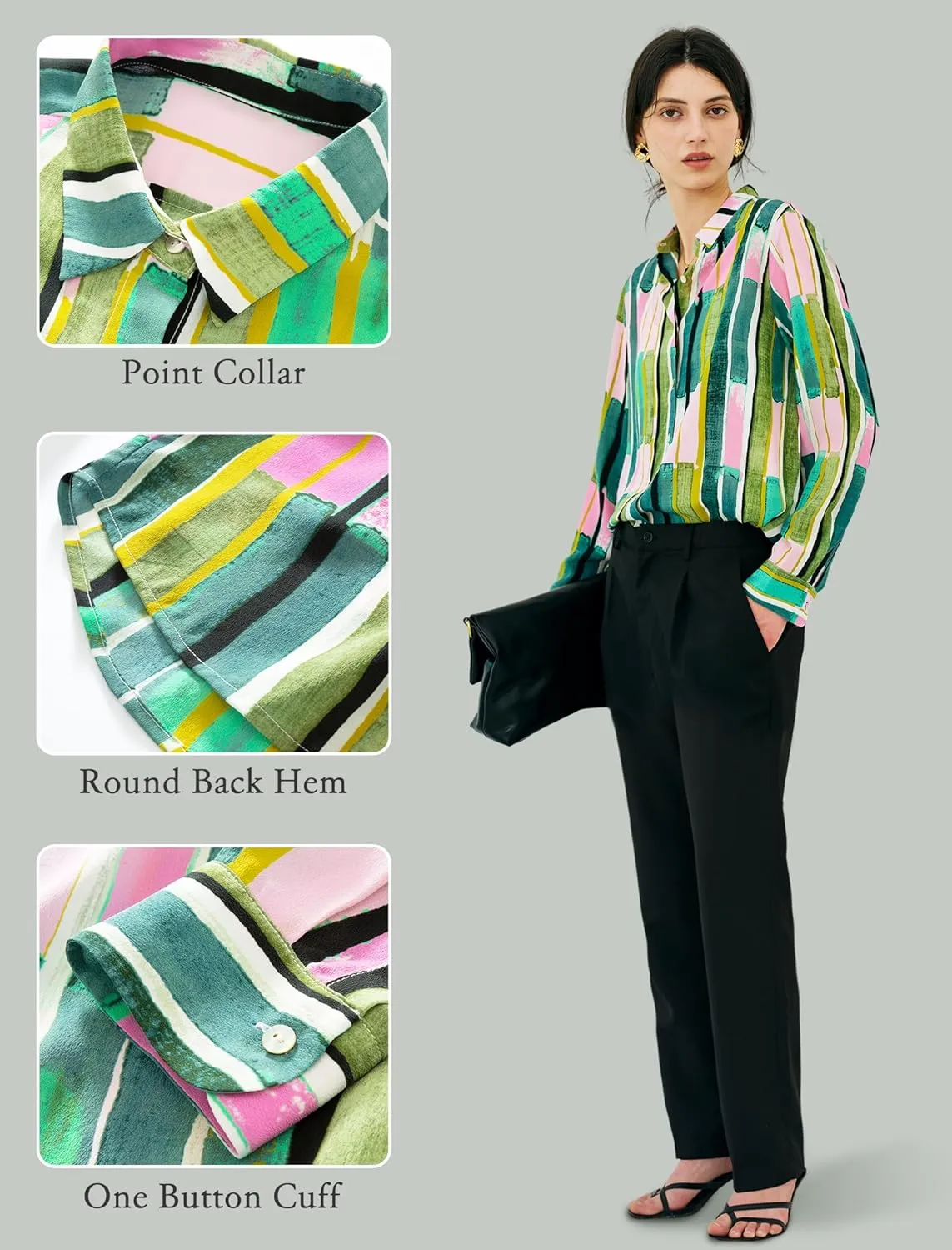Women's 100% Pure Silk Blouse Long Sleeve Button Down Shirt Spring Summer Elegant Floral Striped Tops Women Smooth Blouses