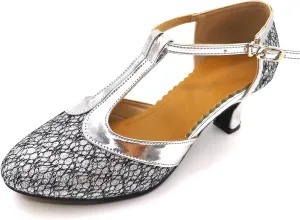 Women's Ballroom Dance Shoes Glitter T-Strap Dancing Heels Salsa Latin Wedding Party Shoes Silver 2 inches Heel 8 US