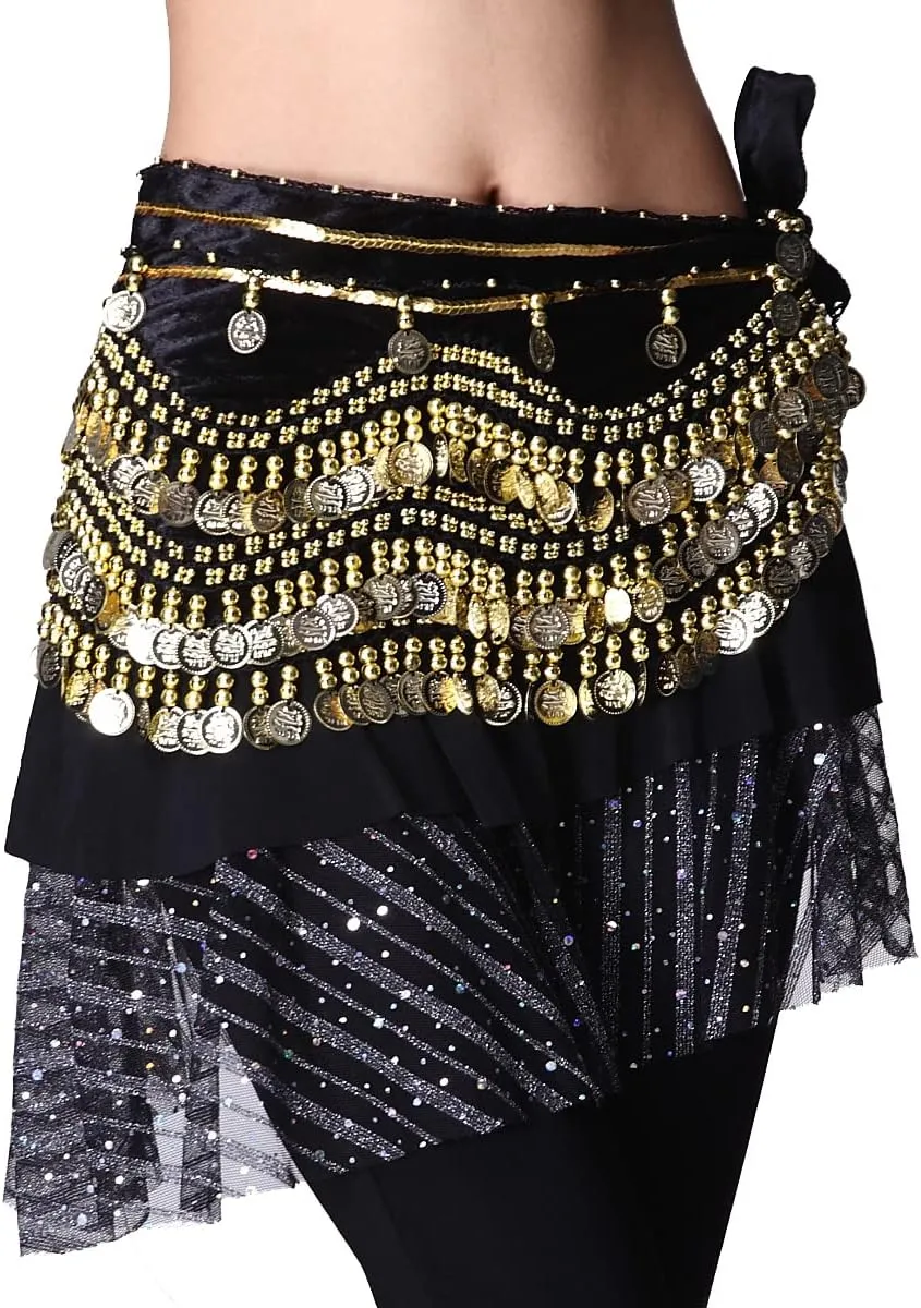 Women's Belly Dance Wave Shape Hip Scarf With Silver Coins