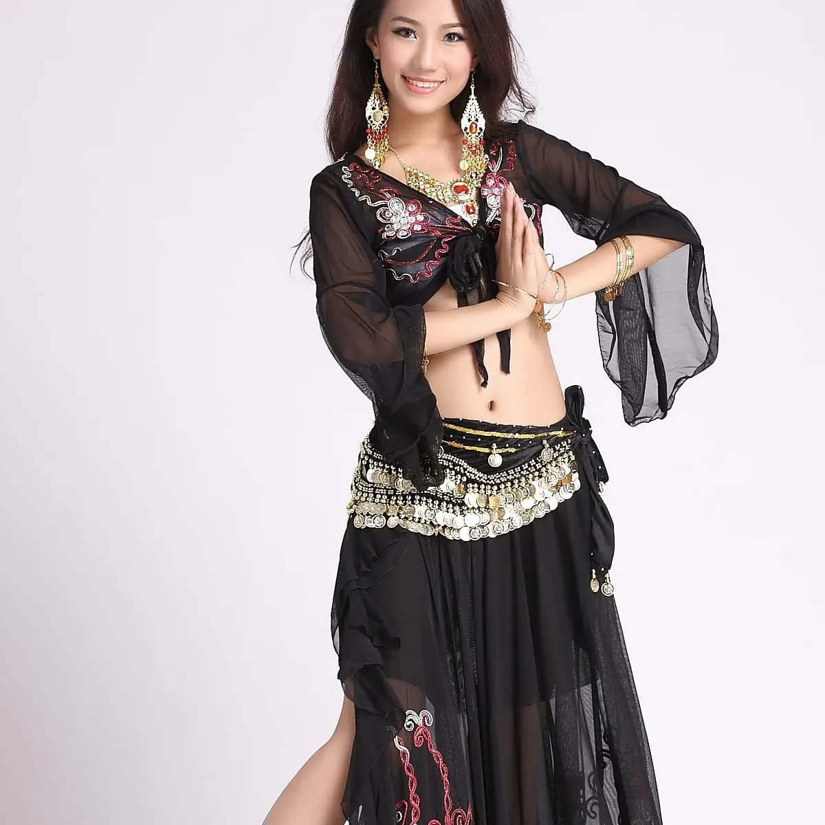 Women's Belly Dance Wave Shape Hip Scarf With Silver Coins