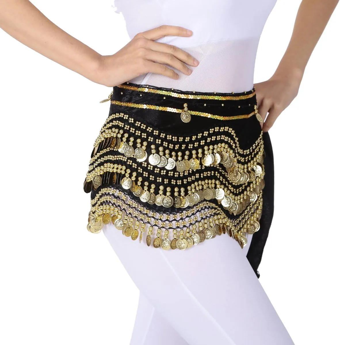 Women's Belly Dance Wave Shape Hip Scarf With Silver Coins
