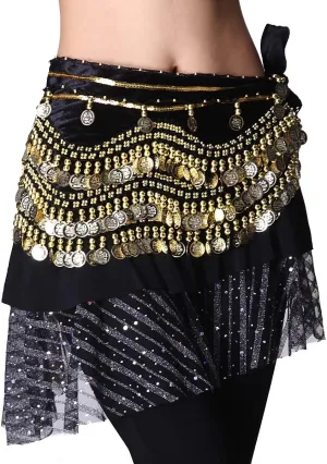 Women's Belly Dance Wave Shape Hip Scarf With Silver Coins