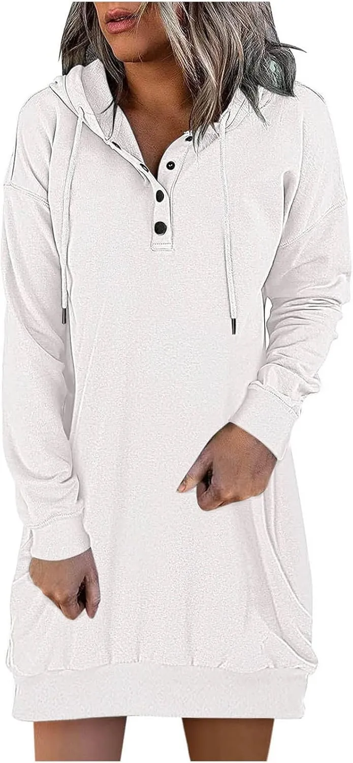 Women's Casual Dresses Fall Winter Fashion Long Sleeve Button Up Hooded Sweatshirt Dress Causal Loose Solid Pullover