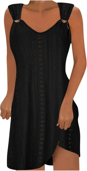 Women's Casual Dresses Fashion O Ring Sleeveless V Neck Dress Outfits Soft Lightweight Hawaiian Summer Sundresses