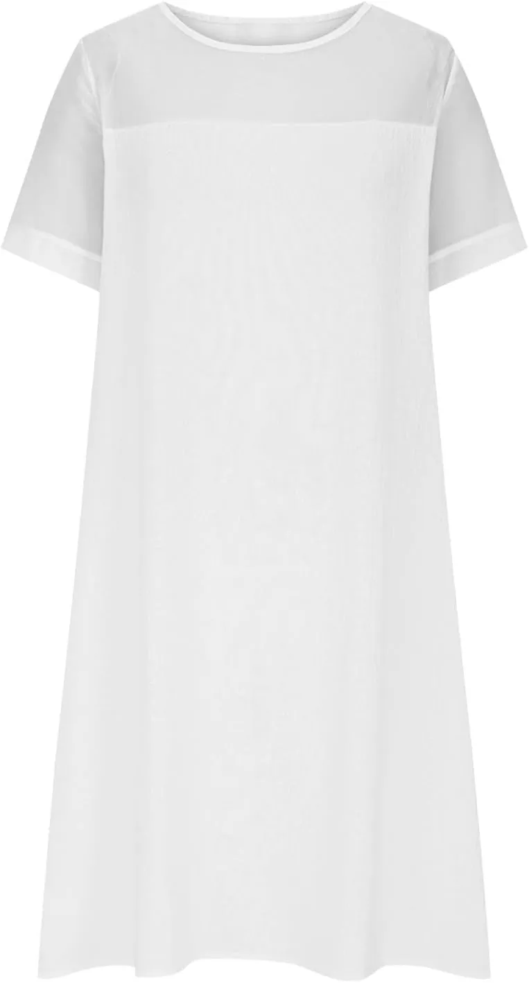 Womens Cotton Linen Midi Dress Mesh Patchwork Summer Fashion Short Sleeve Beach Vacation Dresses Dressy Sundress