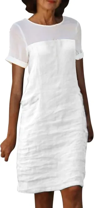 Womens Cotton Linen Midi Dress Mesh Patchwork Summer Fashion Short Sleeve Beach Vacation Dresses Dressy Sundress