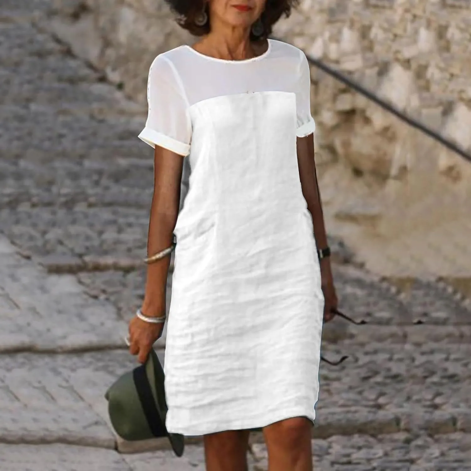 Womens Cotton Linen Midi Dress Mesh Patchwork Summer Fashion Short Sleeve Beach Vacation Dresses Dressy Sundress