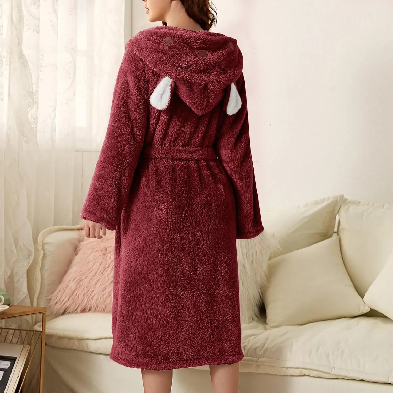 Women's Fuzzy Robe Ear Hooded Flannel Bathrobe Cute Soft Comfy Sleepwear Housecoat Shower Robe for Women