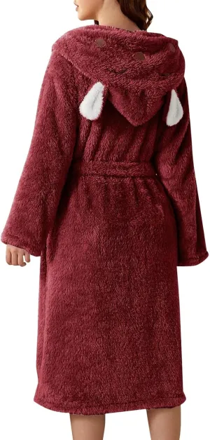 Women's Fuzzy Robe Ear Hooded Flannel Bathrobe Cute Soft Comfy Sleepwear Housecoat Shower Robe for Women