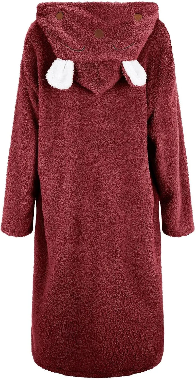 Women's Fuzzy Robe Ear Hooded Flannel Bathrobe Cute Soft Comfy Sleepwear Housecoat Shower Robe for Women