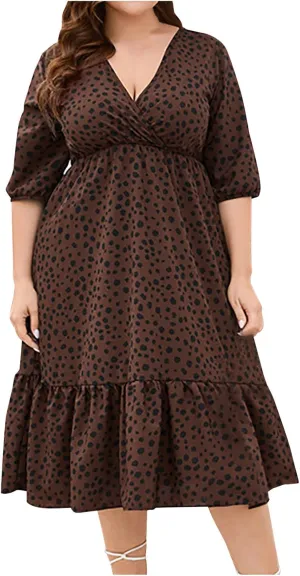 Women's Half Sleeve Plus Size Swing Dress Round Neck Elastic Waist Midi Flowy Knee Length Boho Loose Tunic Dresses