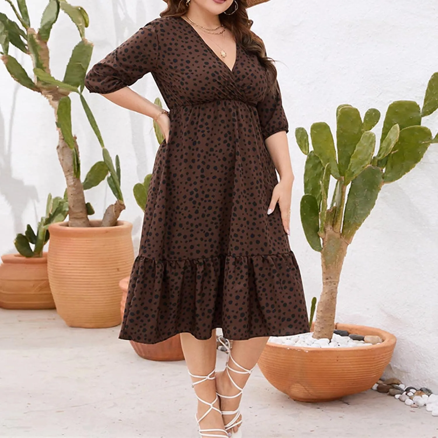 Women's Half Sleeve Plus Size Swing Dress Round Neck Elastic Waist Midi Flowy Knee Length Boho Loose Tunic Dresses