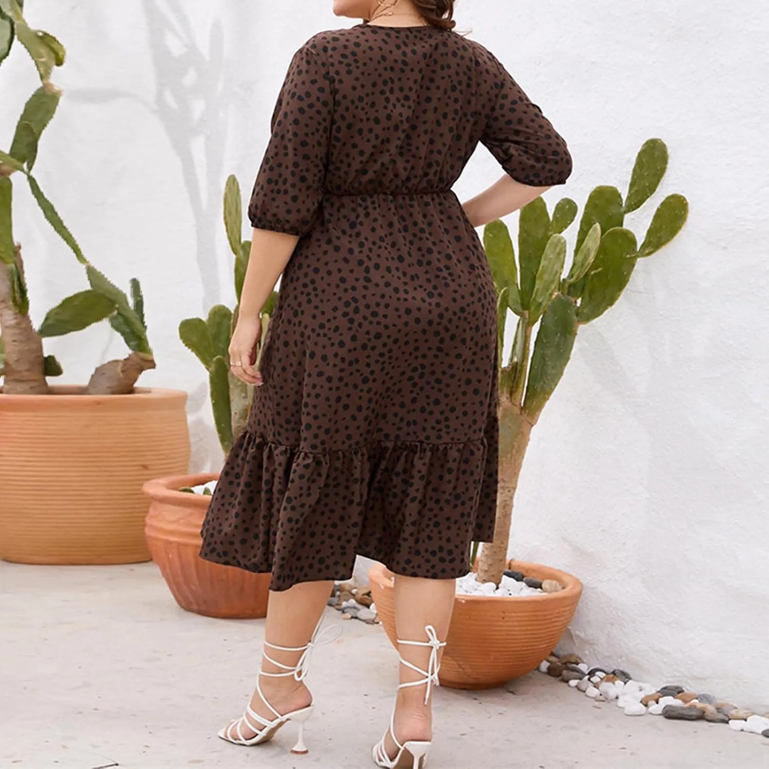 Women's Half Sleeve Plus Size Swing Dress Round Neck Elastic Waist Midi Flowy Knee Length Boho Loose Tunic Dresses