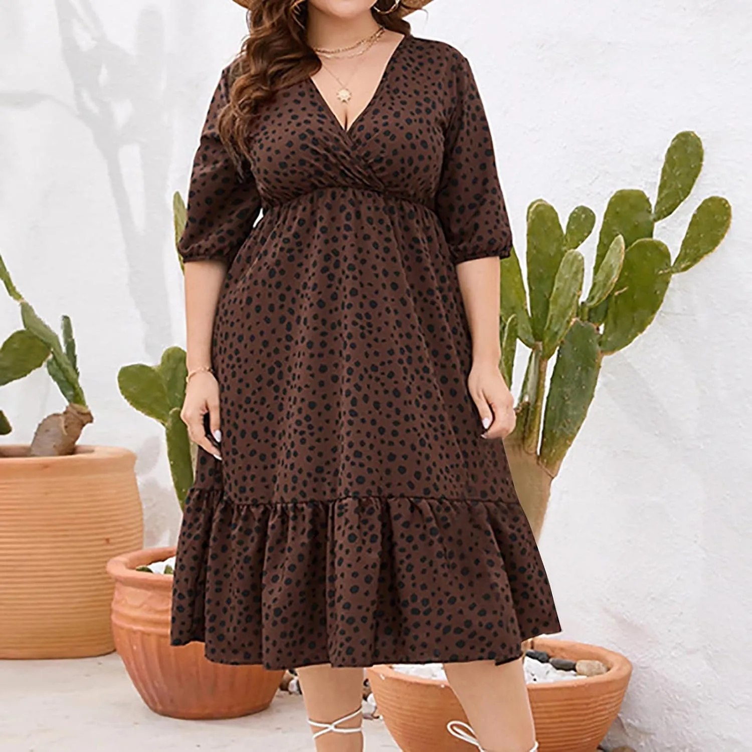 Women's Half Sleeve Plus Size Swing Dress Round Neck Elastic Waist Midi Flowy Knee Length Boho Loose Tunic Dresses