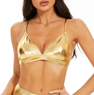 Women's Metallic Crop Tops Shiny Bralette Rave Bra Bikini Swimsuit Top