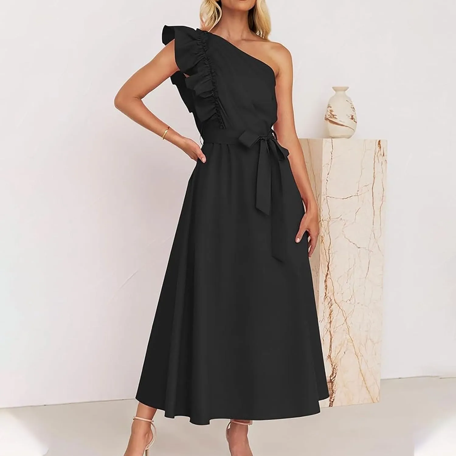 Womens One Shoulder Wedding Guest Dresses Fashion Ruffle Sleeveless Tie Long Dresses Elegant Modest Evening Party Dress