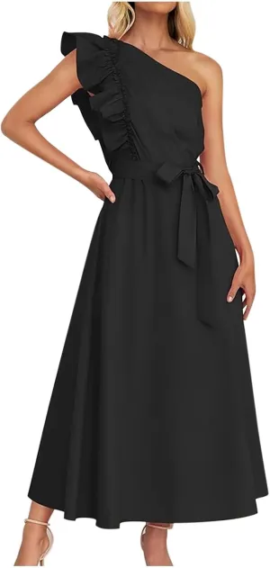 Womens One Shoulder Wedding Guest Dresses Fashion Ruffle Sleeveless Tie Long Dresses Elegant Modest Evening Party Dress