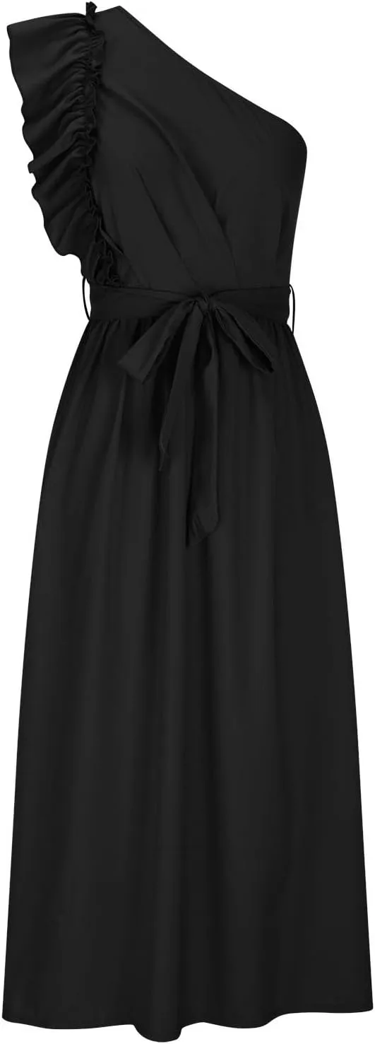 Womens One Shoulder Wedding Guest Dresses Fashion Ruffle Sleeveless Tie Long Dresses Elegant Modest Evening Party Dress