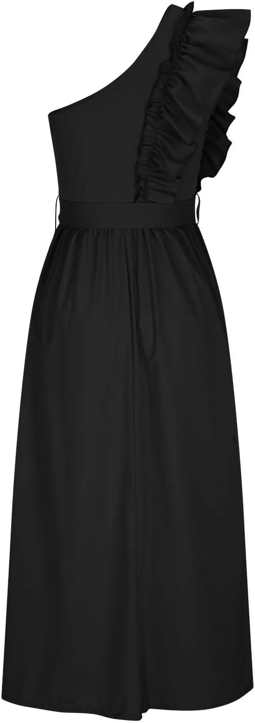 Womens One Shoulder Wedding Guest Dresses Fashion Ruffle Sleeveless Tie Long Dresses Elegant Modest Evening Party Dress