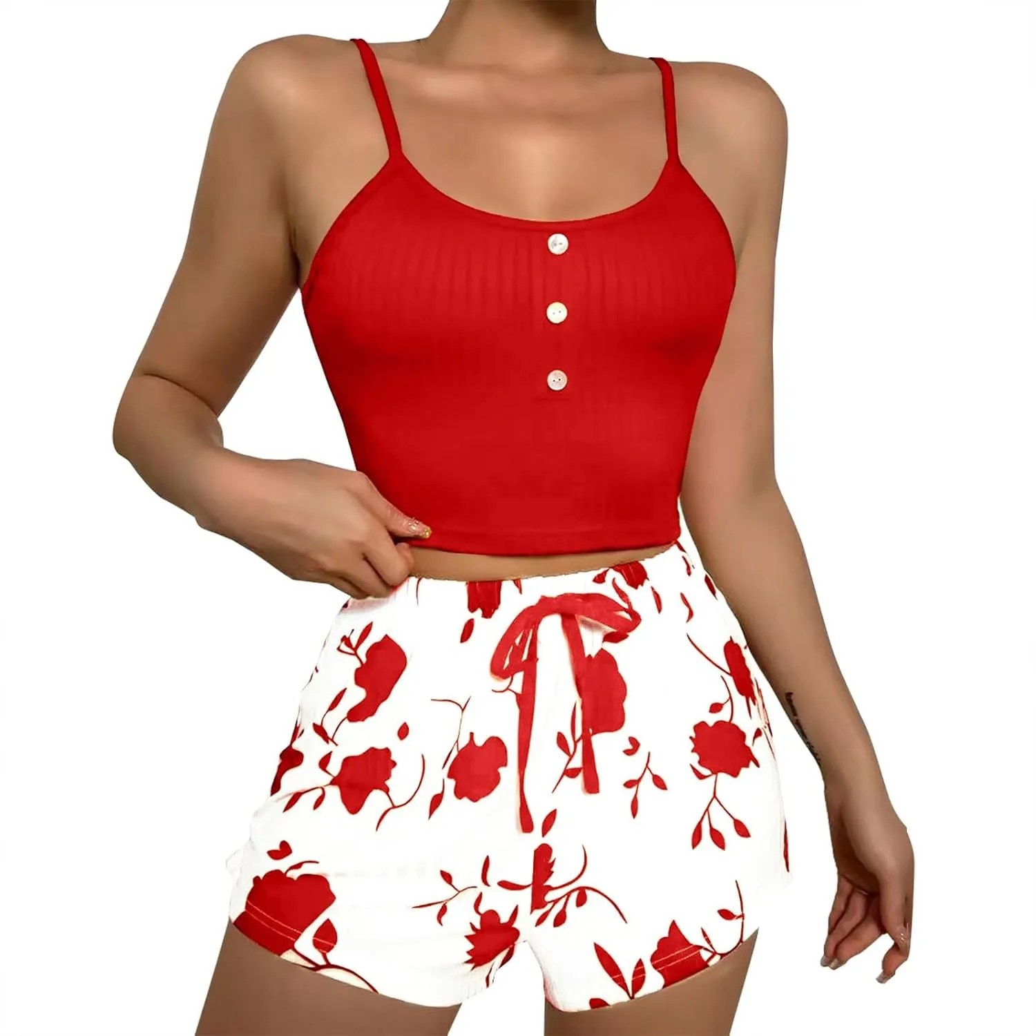Womens Pajama Sets 2 Piece Soft Tank Top & Cute Print Elastic Waist Shorts Camisole Lounge Set