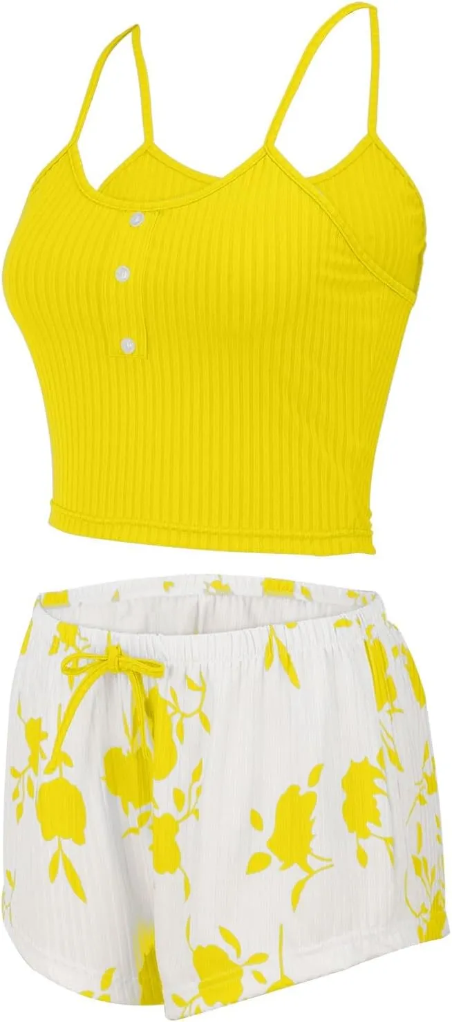 Womens Pajama Sets 2 Piece Soft Tank Top & Cute Print Elastic Waist Shorts Camisole Lounge Set